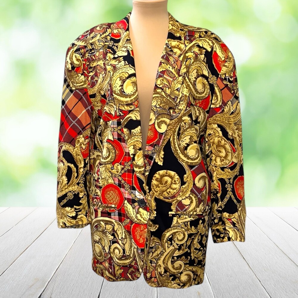 Vintage 80s EXPRESS Power Blazer Baroque Tartan Plaid Equestrian Made USA Size L